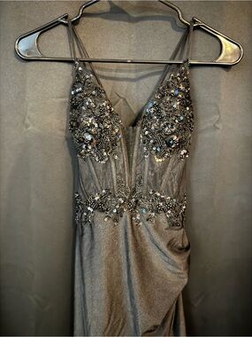 Windsor Silver Beaded V-Neck Prom Dress